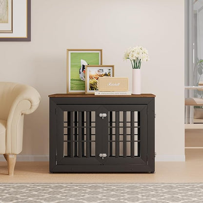 38" Heavy Duty Dog Crate Furniture for Small,Medium and Large Dogs,Rustic Wooden Dog Cage Kennel Indoor Furniture with Waterproof Top,Decorative Pet House Side End Table (Black & Wood)