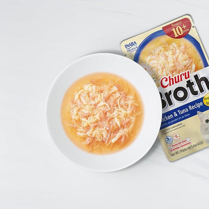 INABA Churu Broth for Cats Senior 10+, Side Dish Pouch, 1.4 Ounces per Pouch, 12 Pouches Total, Chicken & Tuna Recipe