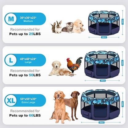 Dog Playpen, Pet Playpen, Portable Cat Playpen, Foldable Puppy Playpen Exercise Kennel Tent with Carry Case Collapsible Bowl,Water-Resistant Shade Cover for Indoor Outdoor Travel （Bule,Medium）