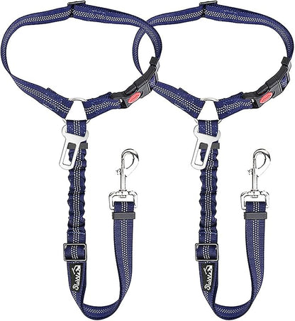 SlowTon Dog Seat Belt for Car, 2 Pack Dog Car Harness Seatbelt Adjustable with Elastic Bungee Buffer, 2 in 1 Pet Car Leash Headrest Restraint Dog Reflective Safety Tether (Blue, Headrest+Clip)
