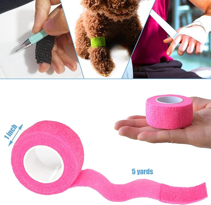 9 Pack 1" x 5 Yards Self Adhesive Bandage Wrap Self Stick Wrap for Ankle, Wrist, Finger, Sports, Breathable Cohesive Vet Tape for Pets (Pink)
