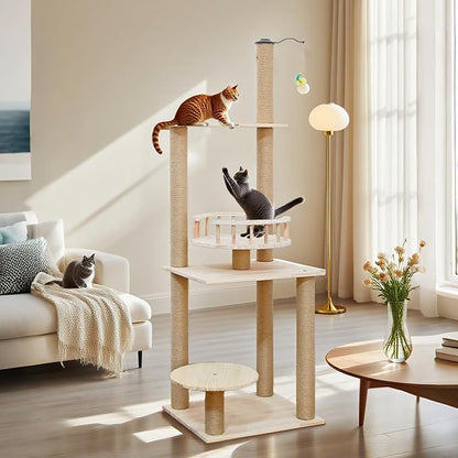 Wood Cat Tree 17” x 16”x 53” Modern Sturdy Cat Tower with Double Condos Hand-Woven Beds & Toys Multilevel Huge Paws Pals Tree Indoor Cat Furniture for Big Cats