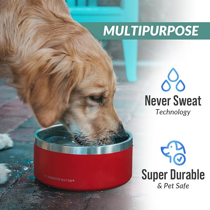 Coldest Dog Bowl - Anti Rust Metal, Non Slip, 3 Layers Insulated Stainless Steel Dog Bowls - Spill Proof & Heavy Duty - Water Bowl for Dogs, Cats & Pets, Dish Washer Safe (21 oz, Red)