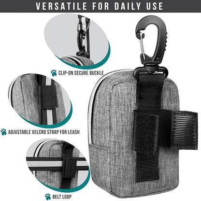 PetAmi Dog Poop Bag Holder for Leash, Dog Pet Waste Bag Dispenser For Poop With Clip, Doggy Puppy Walking Accessories Travel Camping, Dog Treat Pouch Supplies Must Have With Dog Bag Roll, Light Gray