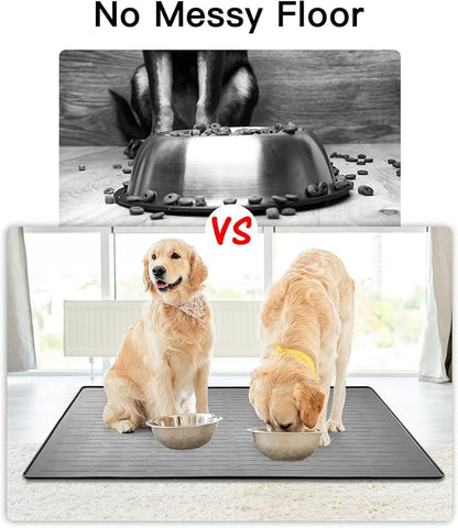 39.4"x29.5" Large Pet Food Mat, Silicone Dog Mats for Food and Water, Nonslip Pet Feeding Mats for Floors,Dog Cat Bowl Mat with Raised Edges, Black