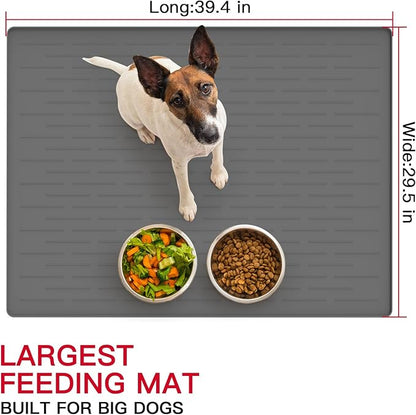 39.4"x29.5" Large Pet Food Mat, Silicone Dog Mats for Food and Water, Nonslip Pet Feeding Mats for Floors,Dog Cat Bowl Mat with Raised Edges, Black