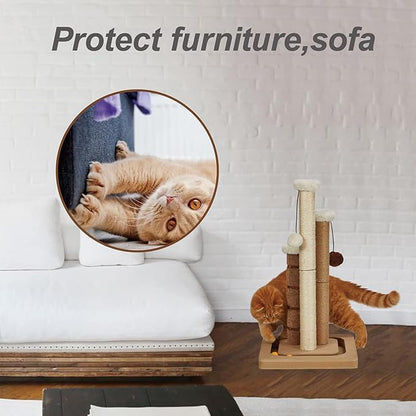 Cat Scratching Post Premium Natural Sisal Jute Carpet 3 Scratch Posts with Interactive Track Ball Base and Hanging Balls Toys Kitten Scratcher for Indoor Kittens and Small Cats