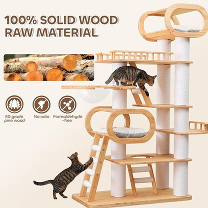 76.8'' Tall Modern Large Cat Tree,Multi-Level Wood Cat Tower for Indoor Cats Large Adults,Luxury Heavy Duty Cat Condo with Cushion,Scratching Posts,Clear Hammock Activity (76.8inch)