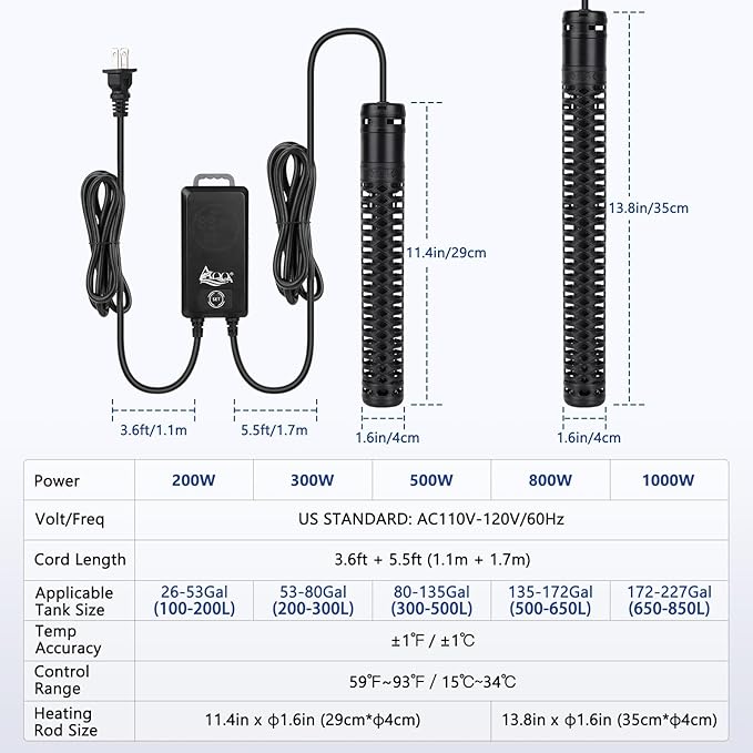 AQQA Aquarium Heater,Submersible Fish Tank Heater 59-93°F/15-34°C External Controller,Rapid Heating,Ultra-high Temperature Protection,Automatic Power-Off When Leaving Water (1000W for 172-227 Gallon)