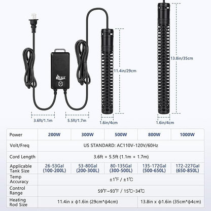 AQQA Aquarium Heater,Submersible Fish Tank Heater 59-93°F/15-34°C External Controller,Rapid Heating,Ultra-high Temperature Protection,Automatic Power-Off When Leaving Water (1000W for 172-227 Gallon)