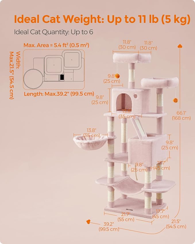Feandrea Cat Tree, 66.1-Inch Large Cat Tower with 13 Scratching Posts, 2 Perches, 2 Caves, Basket, Hammock, Pompoms, Multi-Level Plush Cat Condo for Indoor Cats, Jelly Pink UPCT165P01