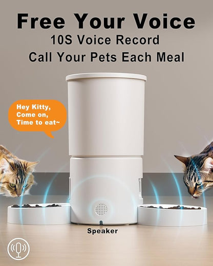 Automatic Dual Cats Feeder for 2 Cats,6 Meals/Day,12 Portions/Meal,Dual Power Auto Pet Feeder Dry Food Dispenser,Flexible Schedule Timer 10S Voice Record (White, ABS Dual Bowls)