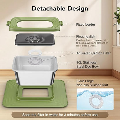 Decflow 10L Stainless Steel Dog Water Bowl, No Spill Anti-Splash Dog Bowls with XXL Silicone Mat, Spill-Proof Slow Feeder for Messy Drinkers, Heavy Duty Pet Bowls for Indoor/Outdoor Use