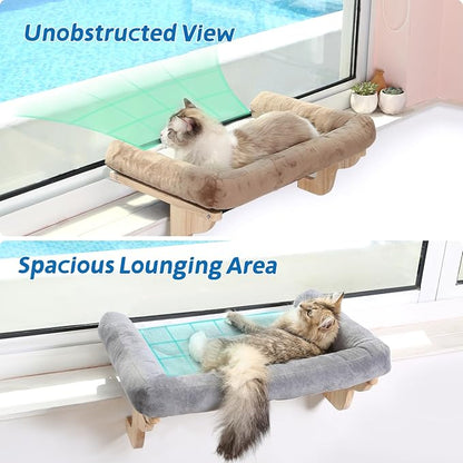 Cat Perch for Window Sill with Bolster - Orthopedic Hammock Design with Premium Hardwood & Robust Metal Frame - Cat Window Seat for Large Cats and Kittens - Dark Stained Wood with Brown Bed