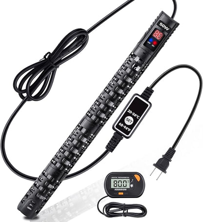 Aquarium Heater Submersible Fish Tank 50W& Turtle Tank Heater with External Adjustment Controller, Included Thermometer, LED Display, Overheat Protection, Detachable Cover, for Saltwater&Freshwater