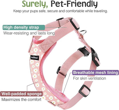 Dog Seat Belt, Safety Vest Dog Car Harness with Adjustable Buckle Dog Seat Belt for Vehicle Nylon Pet Safety Seat Belts Heavy Duty(XL, Pink Daisy)