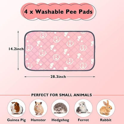 4 Pack Guinea Pig Bedding - Washable Guinea Pig Liners for C&C 2x1 Cage, Waterproof Reusable & Anti Slip Pee Pads Super Absorbent Mats for Small Animal Rabbit Hamster Rat (Pink, 28 x 14 Inch)