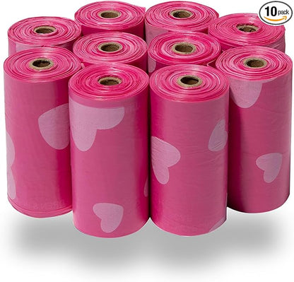 Best Pet Supplies Dog Poop Bags (150 Bags) for Waste Refuse Cleanup, Doggy Roll Replacements for Outdoor Puppy Walking and Travel, Leak Proof and Tear Resistant, Thick Plastic - Pink Heart