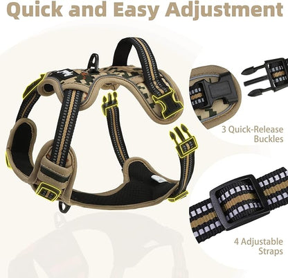 PUPTECK No Pull Dog Harness Medium Sized, Adjustable Reflective Dog Harness with Handle Easy Control, Comfortable Soft Padded Pet Vest Harness for Medium Dogs, Camouflage M