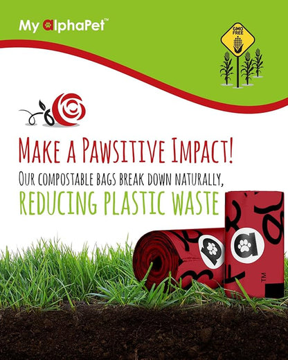 Compostable Dog Poop Bags, Cornstarch Eco-Friendly, HOME COMPOST NF T 51-800, 240 Count, Large Size Bag 9x13 Inches, 16 Unscented Refill Rolls, Leak-proof, Plantbased, GM-Free Corn (Red)