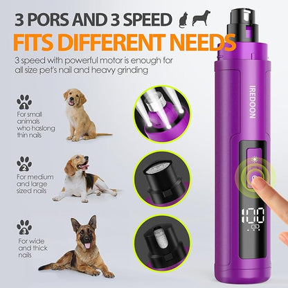 Dog Nail Grinder Upgraded - Professional 3-Speed Super Quiet and Low Vibration Electric Pet Nail Grinder with 4 LED Lights - Painless Paws Grooming & Smoothing for Small to Large Dogs (Purple)
