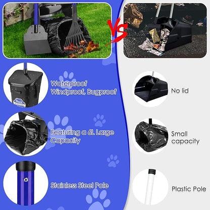 Lukovee Dog Pooper Scooper, 37.4" Long Adjustable Metal Handle Swivel Bin & Rake & Spade Kit with 20 Poop Bags, Portable Dog Non-Breakable Poop Scooper for Gravel Yard Lawn Grass, Blue
