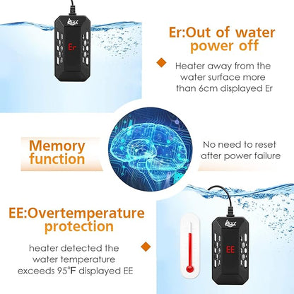 AQQA Aquarium Submersible Heater for Fish Tank,HD Temperature Display and Built-in Thermometer,External Controller Temperature Control Range 59℉-93℉,Safety Control Protects 25W