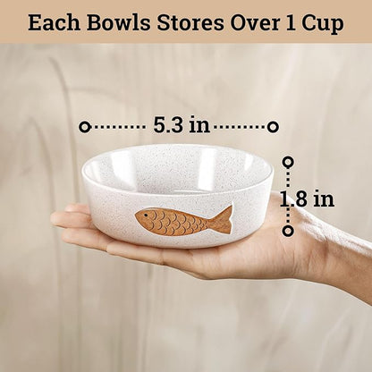 Ceramic Cat Bowls Whisker Friendly - Ceramic Cat Bowl Set of 2 Cute Designs with Anti-Slip Bases - Dishwasher & Microwave Safe Food and Water Bowls for Cats - Dishes for Cats - Kitten Food Bowl Set