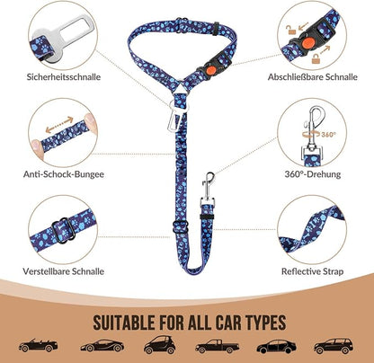 SlowTon Dog Seat Belt for Car, 2 Pack Dog Car Harness Seatbelt Adjustable with Elastic Bungee Buffer, 2 in 1 Pet Car Leash Headrest Restraint Dog Reflective Safety Tether (S, Blue, Headrest+Clip)
