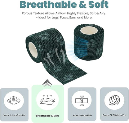 Pet Bandage 6 Rolls, Adhesive Bandage, Self Adhesive Bandage, First Aid Adhesive Gauze, for Horses, Dogs,Cats, Birds, Animals (Paw Prints, 2 Inch (Pack of 6))