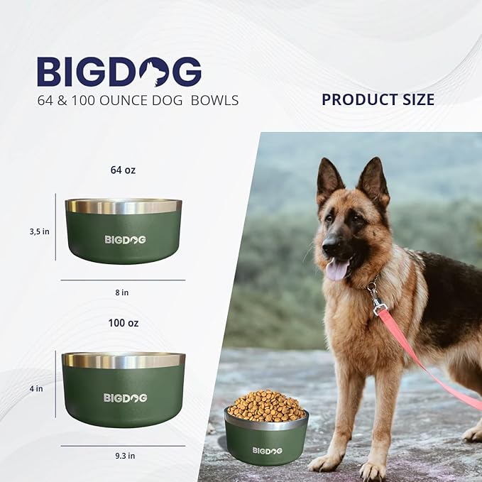 BigDog Dog Bowls, Dog Bowls for Large Dogs, Stainless Steel Dog Bowls, No Spill Dog Bowls, Dog Food and Water Bowl (64 Ounce, Black)