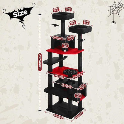PAWZ Road Large Cat Tree, 72 Inches Gothic Cat Tower for Large Cats, Cat Condo with Sisal-Covered Scratching Posts and Pads, 2 Padded Perch, Dual Condo and Basket for Indoor Cats-Black