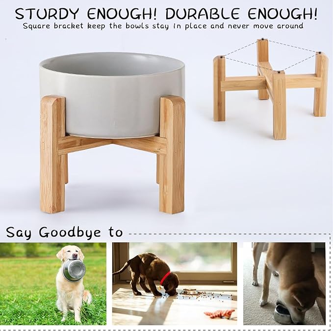 Petygooing 28 OZ Grey Elevated/Raised Ceramic Dog Bowl for Small and Medium Breeds, Dog Food Water Dish with Stand,Pet Feeding Bowl with Anti Slip Rubber for Cats Small and Medium Dogs (3.6 Cups)