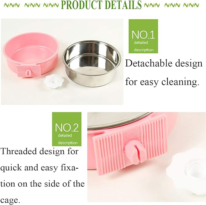 kathson Crate Dog Bowl, Removable Stainless Steel Hanging Pet Cage Bowl Food & Water Feeder Coop Cup for Cat, Puppy, Birds, Rats, Guinea Pigs 3pcs(Blue,Green,Pink)