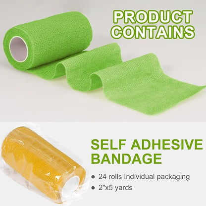 24 Pack Self Adhesive Bandage Wrap, 4” x 5 Yards Elastic Cohesive Bandage Wrap Self Adherent Medical Tape for Sports, Ankle, Wrist Sprains, Pet First Aid, Vet Wrap