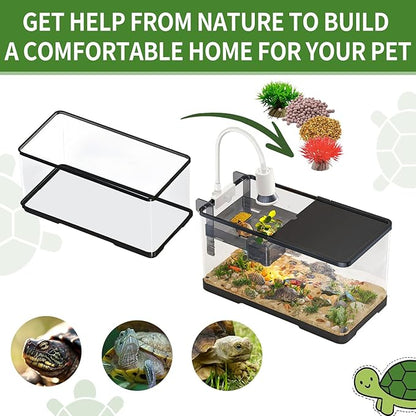 (Tank + Light + Filter Balls) Turtle Tank Kit, Turtle Tank Starter Kit,Bottom Drainage, Multi-Function Areas for Turtles, Crabs,Fishes, Amphibians,Reptiles. (11.81 × 7.88 × 7.88 Inch)