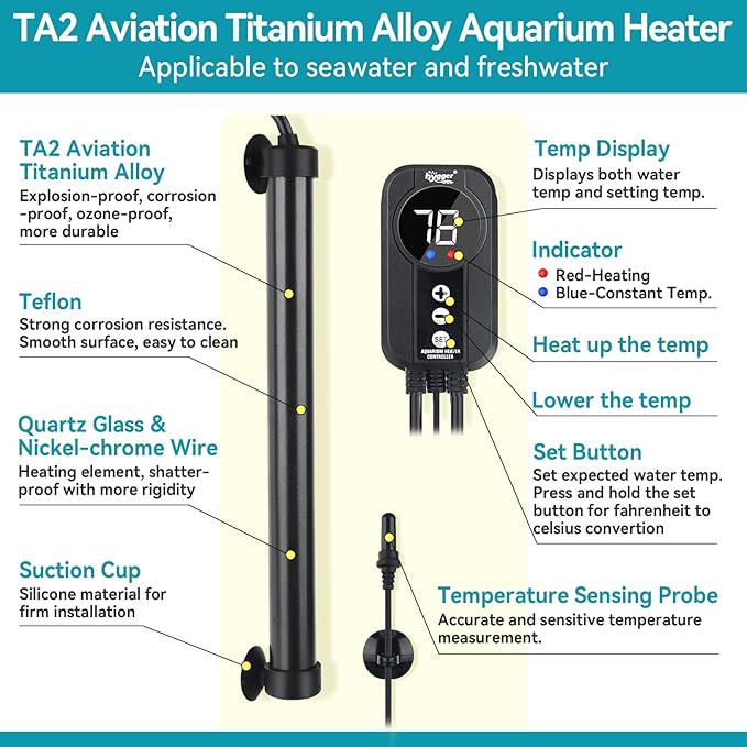 hygger Marine Aquarium Heater 500W,Titanium Heater with Digital LED Controller & Temperature Probe,Submersible Fish Tank Heater with Temperature Calibration,for Saltwater Freshwater Tank 70-80Gallon