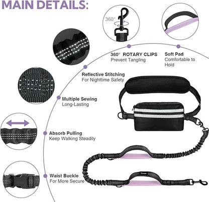 Hands Free Dog Leash with Pouch, Double Leash for Two Dogs, Retractable Bungee with Double Padded Handles, Dog Waist Leash for Dog Walking, Running Leash for Dogs, Dog Walking Accessories