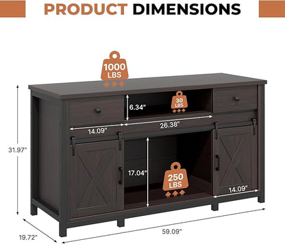 Miereirl 75-120 Gallon Fish Tank Stand with Power Outlet – Heavy Duty Aquarium Stand, Rustic Farmhouse Style, 1000 lb Capacity, Adjustable Storage & Sliding Barn Doors, Dark Brown