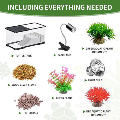 (Tank + Light + Filter Balls) Turtle Tank Kit, Turtle Tank Starter Kit,Bottom Drainage, Multi-Function Areas for Turtles, Crabs,Fishes, Amphibians,Reptiles.(15.75 x 8.64 x 8.64 Inch)