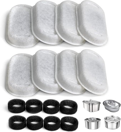 Cat Water Fountain Filter Compatible with Stainless Steel Dispenser, Efficient Filtration with Coconut Shell Activated Carbon and Fresh Water (8 Filters+8 Sponges)