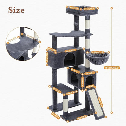PAWZ Road Cat Tree, 60 Inches Cat Tower with Dual Condos, Spacious Perch, Cozy Basket and Sisal-Covered Scratching Posts for Indoor Cats- Dark Gray