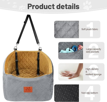 Dog Car Seat for Small Medium Dogs, Memory Foam Booster Car Seat for Dogs up to 35 lbs, Elevated Pet Car Seat, Travel Safety Bed with Washable Removable Cover and Storage Pockets(Gray/Coffee)