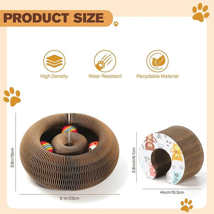 Magic Organ Cat Scratcher Board with 3 Balls, Foldable Recyclable Accordion Cats Toy with Ball and Track Adventure, Cat Scratching Pad, Retractable Reversible Furniture Protector(Brown)