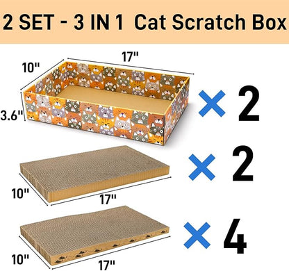 Set of 2 Cardboard Cat Scratchers, 6 Pcs Corrugated Cat Scratch Pad with 2 Boxes, Cute Reversible Kitty Sofa Bed, Refillable Wave Shaped Lounge, Interactive Kitten Toy for Indoor Cats