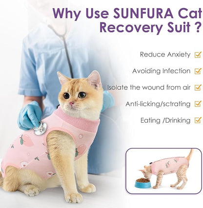 SUNFURA Cat Recovery Suit, Kitten Surgical Full Bodysuit for Abdominal Wound Protector Anti Licking After Surgery, Professional Bandages Cone E-Collar Alternative for Small Male & Female Pets