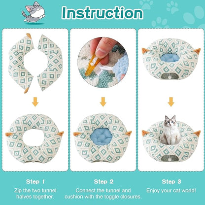 Cat Tunnel Bed with Soft Cushion, Cat Donut Tunnels for Indoor Cats, Peekaboo Cat Cave Toy, Multifunctional Playground Toys for Kittens, Rabbit, Blue Jacquard Pattern