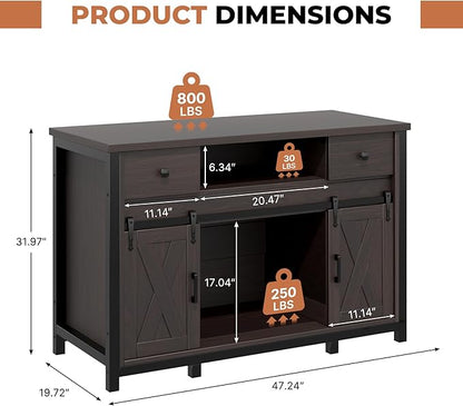 Miereirl 55-75 Gallon Fish Tank Stand with Power Outlet – Heavy Duty Aquarium Stand, Rustic Farmhouse Style, 800 lb Capacity, Adjustable Storage & Sliding Barn Doors, Dark Brown