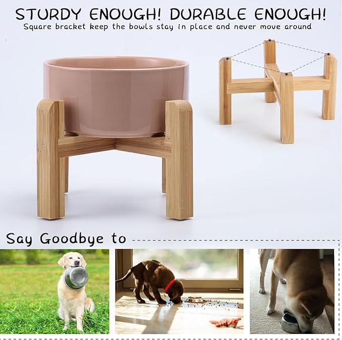Petygooing Khaki Elevated/Raised Ceramic Dog Bowl for Small Breeds, Dog Food Water Dish with Stand,Pet Feeding Bowl with Anti Slip Rubber for Cats and Small Dogs Puppy 13.5 OZ (5.1In / 1.7 Cups)