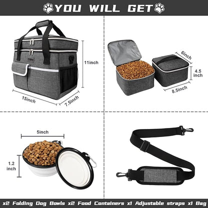 BAGLHER Dog Travel Bag for Supplies - Double-Layer Airline Approved Weekend Pet Travel Organizer Set for Dog and Cat Tote with 2 Pet Food Containers and 2 Collapsible Silicone Bowls Grey